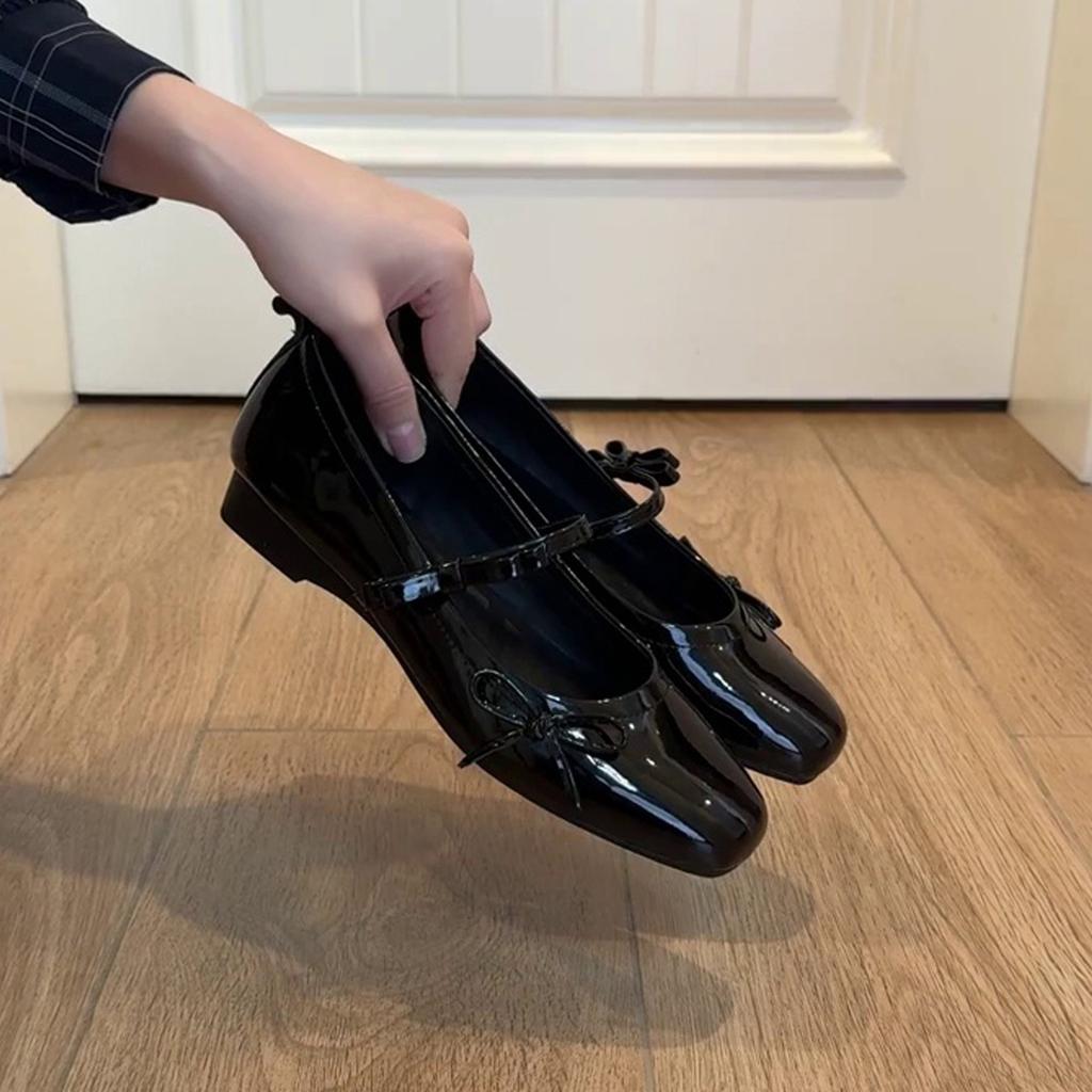 Lambskin~ French Single Shoes Women's Flat Bow Ballet Shoes Light Mouth Evening Shoes Black Retro Mary Jane Shoes