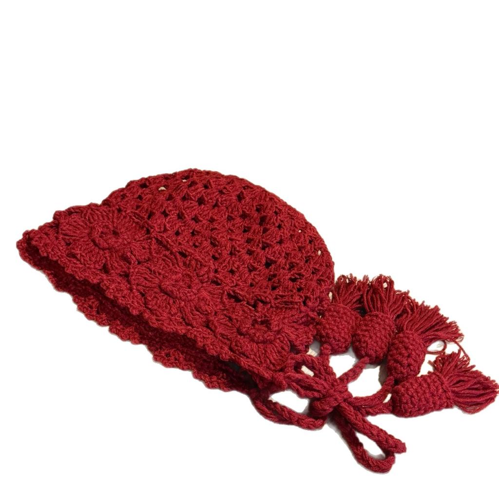 New Ethnic Style Crocheted Knitted Hat for Women Autumn and Winter Ear Protection Hooded Hat Trendy Literary Retro Tassel Warm Toe Cap