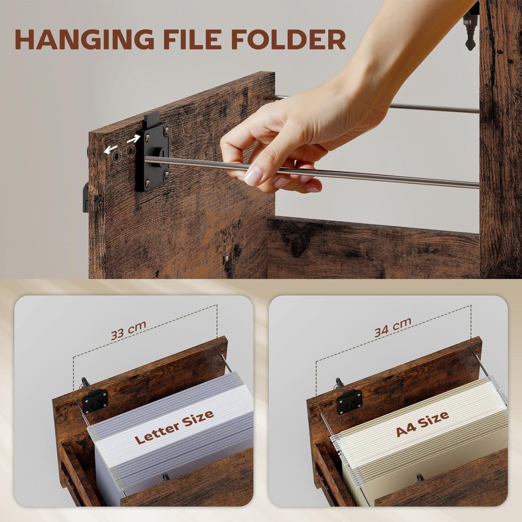 Rolling File Cabinet with 2 Drawers, Mobile Filing Cabinet with Hanging File Folder for Letter Sized Documents, Rustic Brown