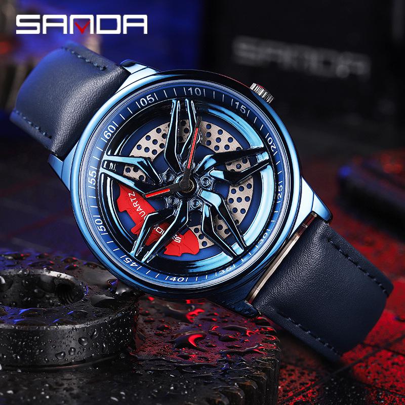 Sanda Cool Wheel Men's Skeleton Dial Leather Strap Waterproof Quartz Watch