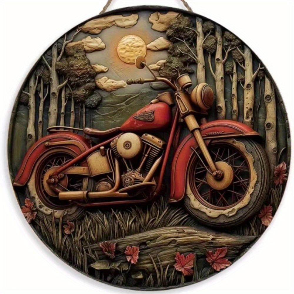 1pc 2d Flat Retro Motorcycle Circular Wooden Sign - 20cm, Suitable for Home Living Room, Bar, Caf É, Farmhouse Porch Decoration, Father's Day Gift
