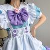 Cute Maid Dress Short Sleeve Sweet Maid Outfit with Apron Big Bow Headwear for Party Blue Purple M