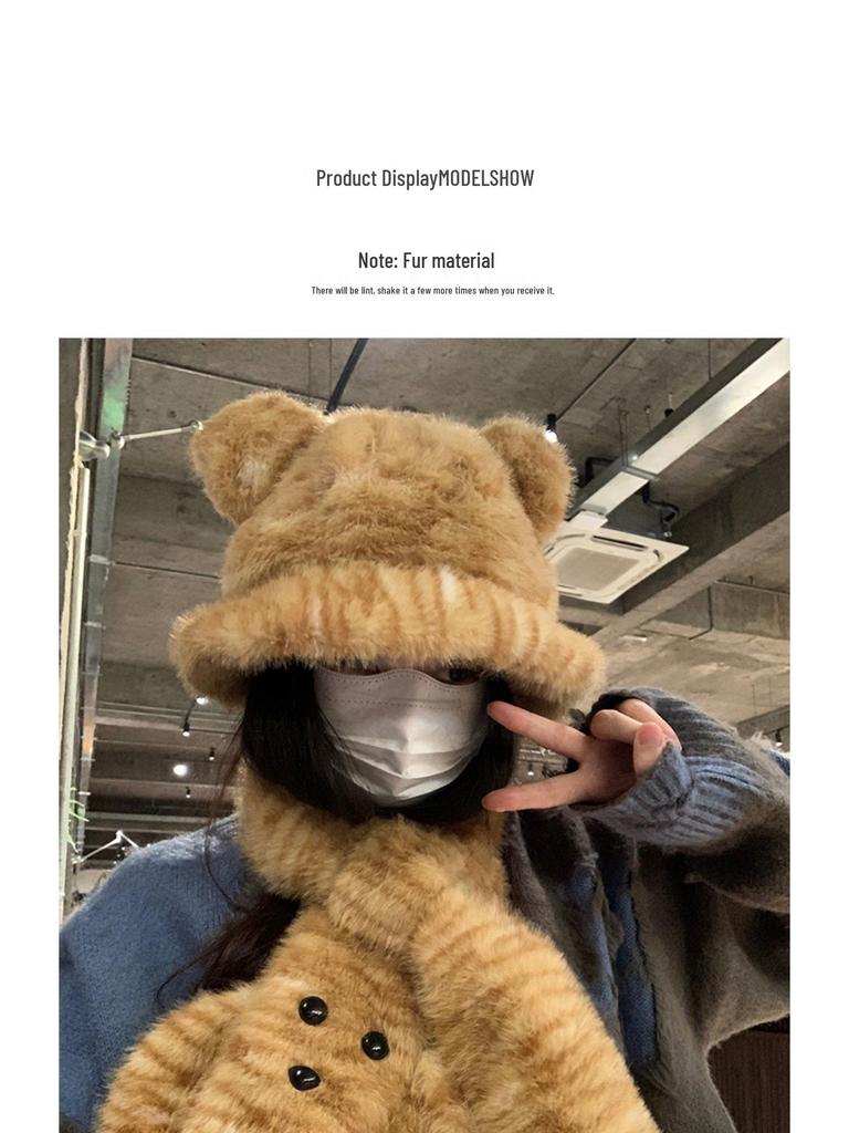 Douyin-Style Tiger Print Hat & Letter Scarf Gloves Set - Cute & Cozy