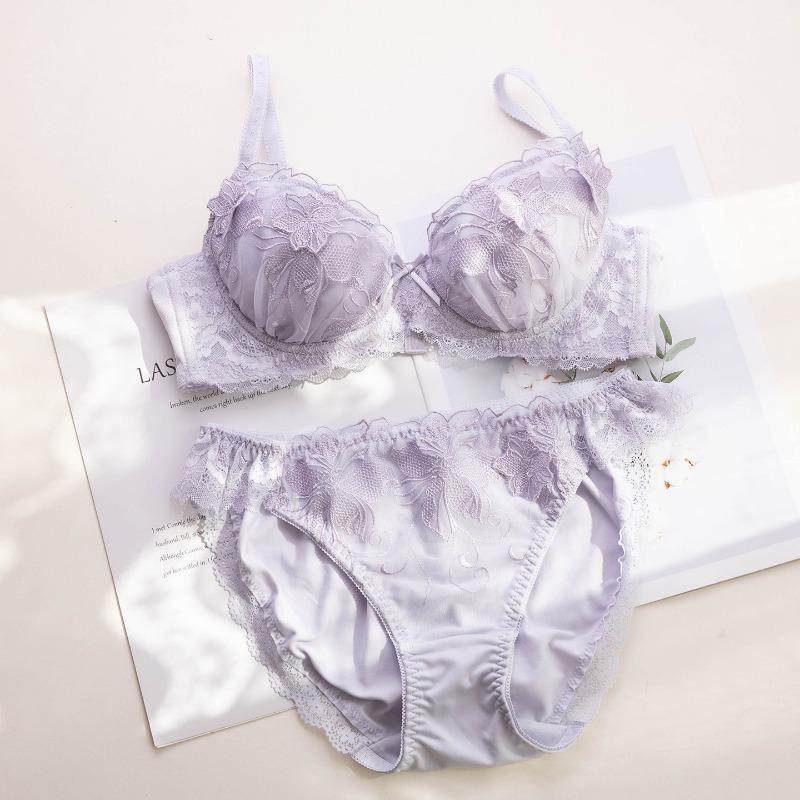 Set Reggiseno con Ricamo in Pizzo Stile Dolce Giapponese Coppa Sottile Confortevole Raccoglitore Push Up Biancheria Intima per Ragazze