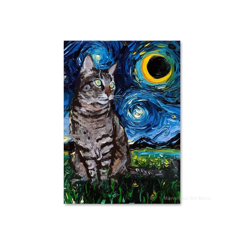 Sternennacht Katze Abstrakte Tier Poster und Drucke Vintage Leinwand Malerei Wand Kunst Bild für Wohnzimmer Korridor Wohnkultur