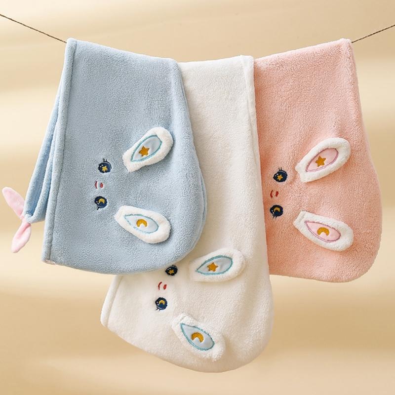 Cartoon Rabbit Hair Towel Wrap Hair Dry Hat Absorbent Hair Drying Towel Hair Towel with Button for Bathroom