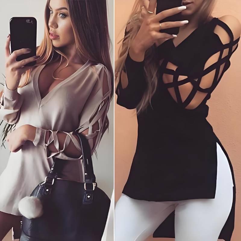 Stylish Black Casual V Neck Short Front Long Back Hollow Out T Shirt For Women