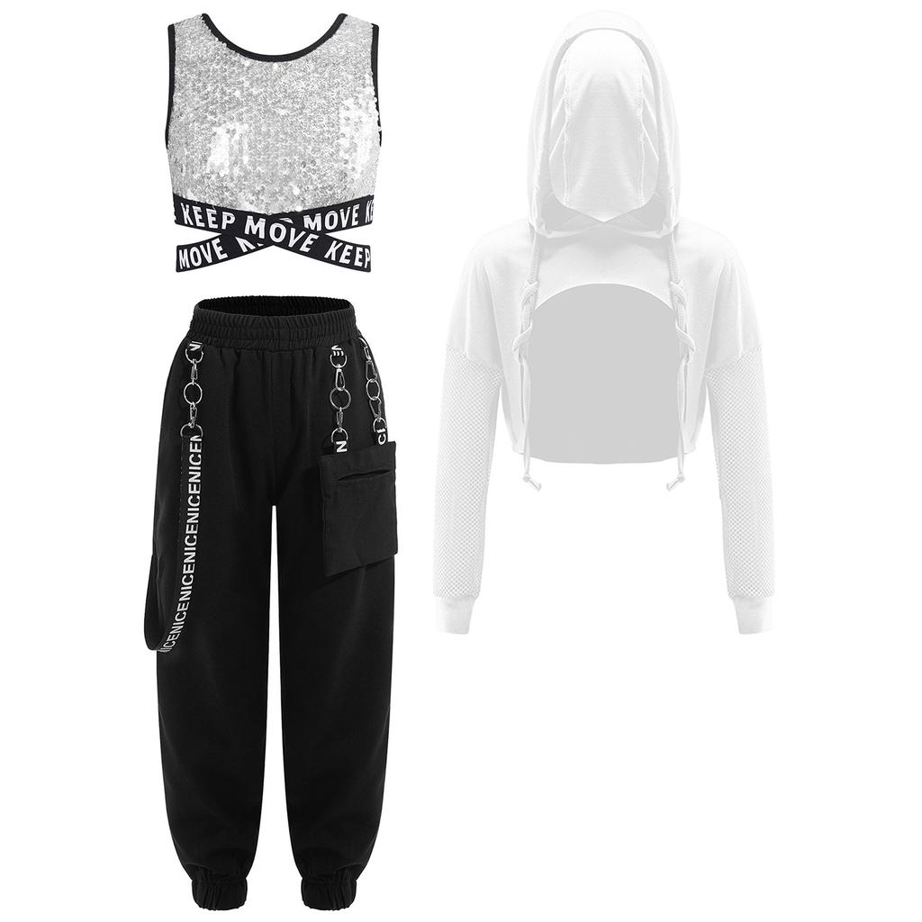 Kids Girls Street Dance Outfit 3Pcs: Sequins Criss-cross Waist Vest & Metal Chain Pocket Pants with Sheer Mesh Long Sleeve Hoodie for Performance
