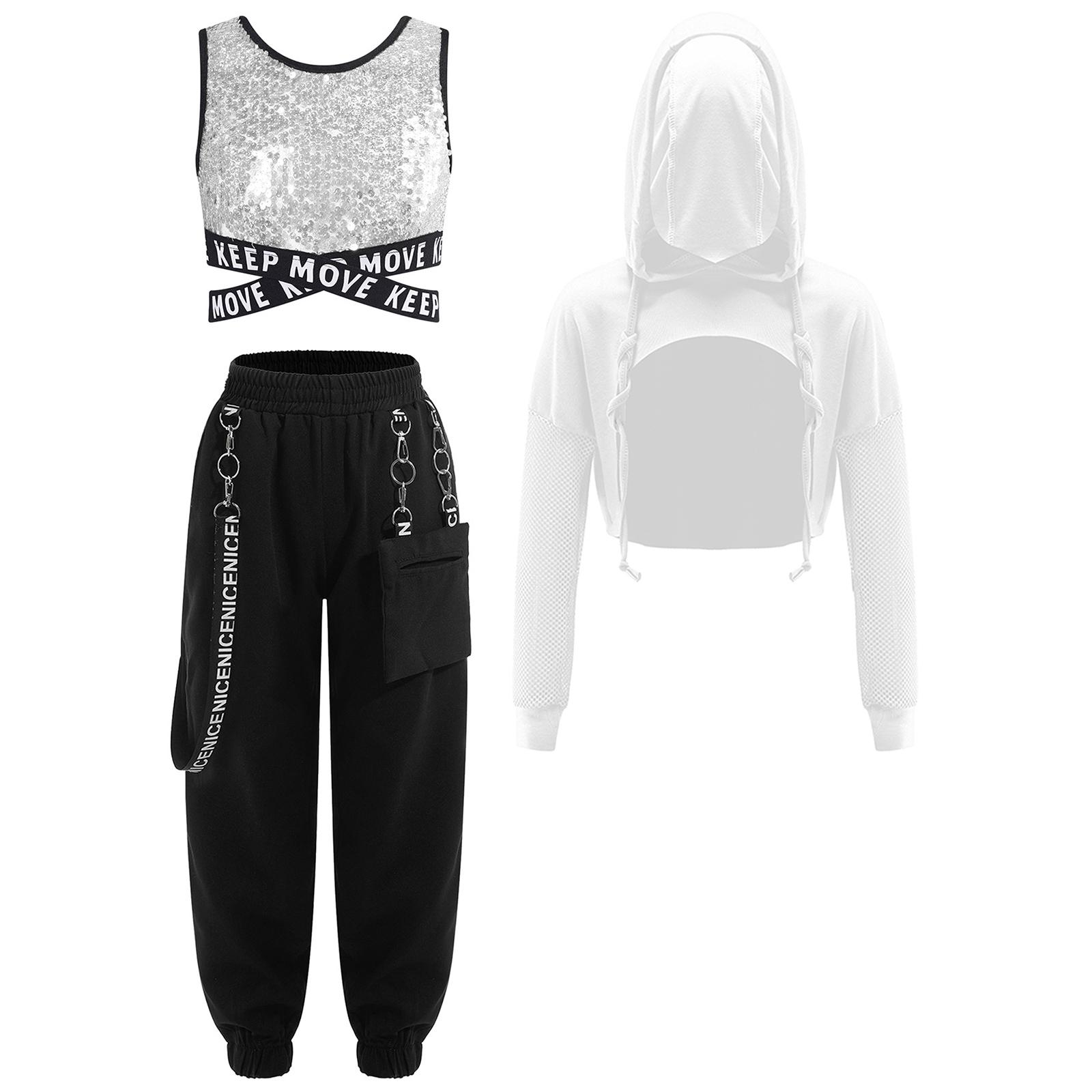 

Girls Hip-hop Jazz Costume Set 3Pcs: Sparkling Sequins Vest with Criss-cross Waistline, Metal Chain Pocket Pants & Sheer Mesh Hoodie for Stage Dance 5-6 Years срібний