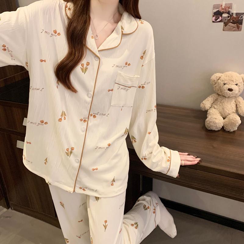 Spring and Autumn Women's Sweet Tulip Pajamas Homewear Set Girls Long Sleeve Thin Sweet and Cute Student Pajamas Homewear