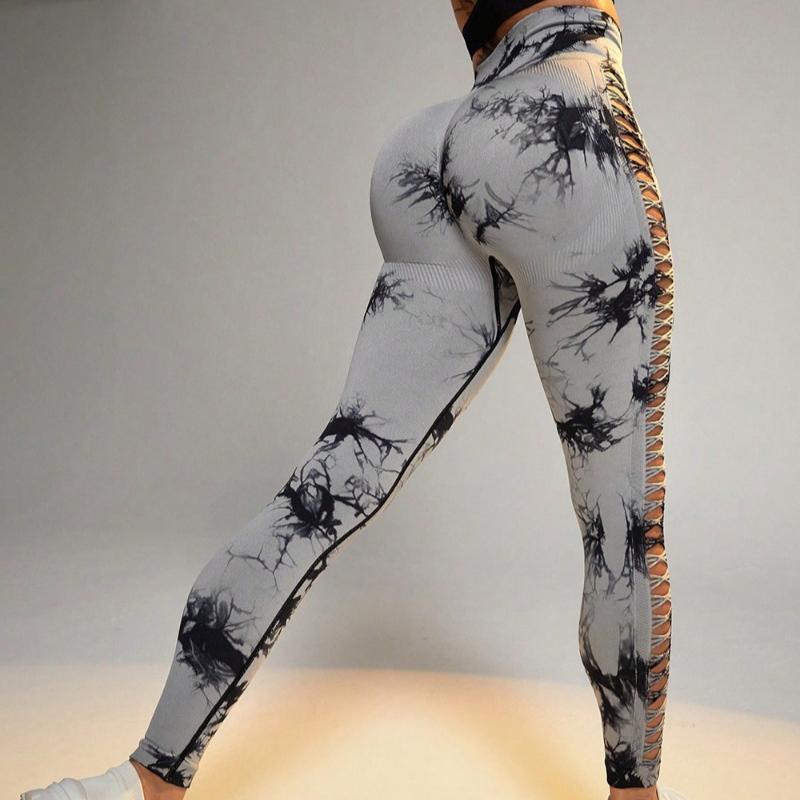 Hollow Out Breathable Tight Fitting Sports Yoga Leggings Pants Women High Waist Hip Lifting Fitness Legging Pants Ladies Tie Dye Slim Yoga Pants 25606