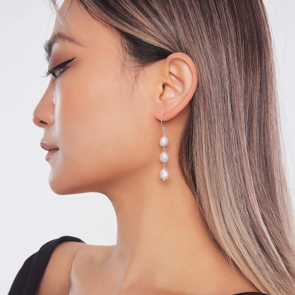 HENGSHENG Tassel Style 8-9mm Baroque White Freshwater Pearl Ear Hook 925 Sterling Silver Earrings for Women Girls Jewelry Gift