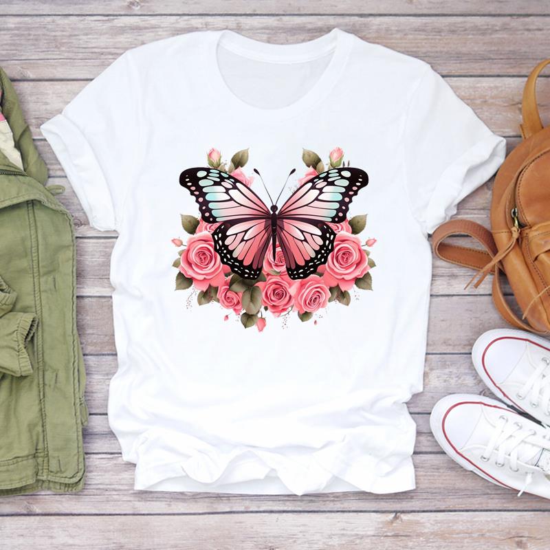(Asian Size)  Print Lady T Shirt Trend Butterfly Trend 90s  Fashion Women Clothing Casual Top Short Sleeve Tee Female Graphic T-shirts