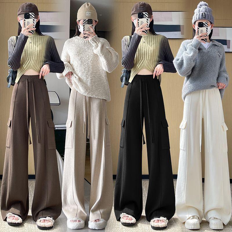 Knitted Wide Leg Pants for Women Autumn Winter High Waist Straight Leg Pants Loose and Casual Design Drawstring Work Pants