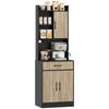 Dulap de bucătărie cu blat și gaură pentru cabluri, Dulap de bucătărie modern cu sertar, 3 rafturi deschise, Lemn natural, Negru