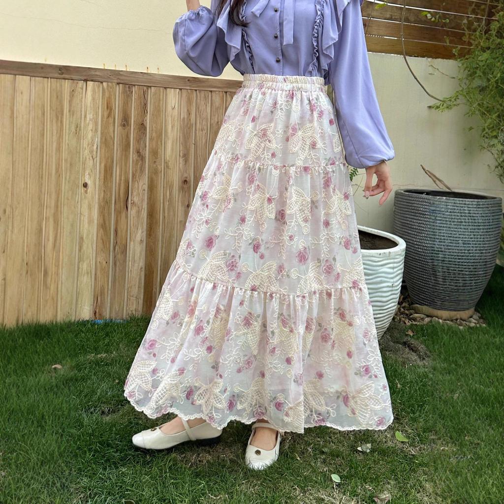 Summer 2025 High-Waist Yellow Floral A-Line Chiffon Skirt for Women R85S657B