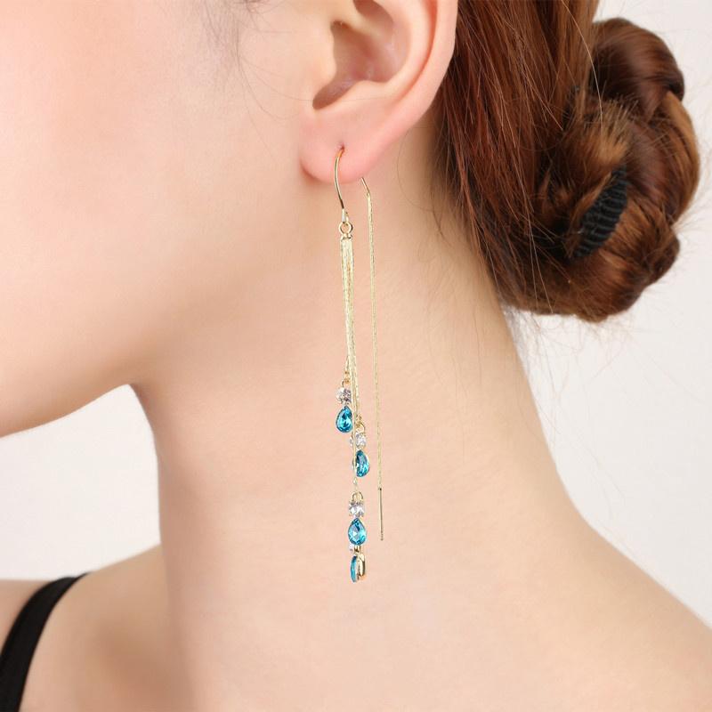 Luxury Temperament Green Zircon Drop Earrings For Women Korean Fashion Long Tassel Rhinestone Earring Wedding Party Jewelry