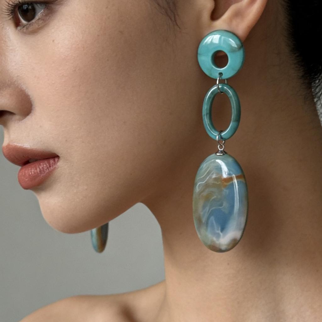 Beach Vacation Style Blue Texture Exaggerated Light Luxury High-end Atmosphere Hollow Geometric Oval Women's Earrings
