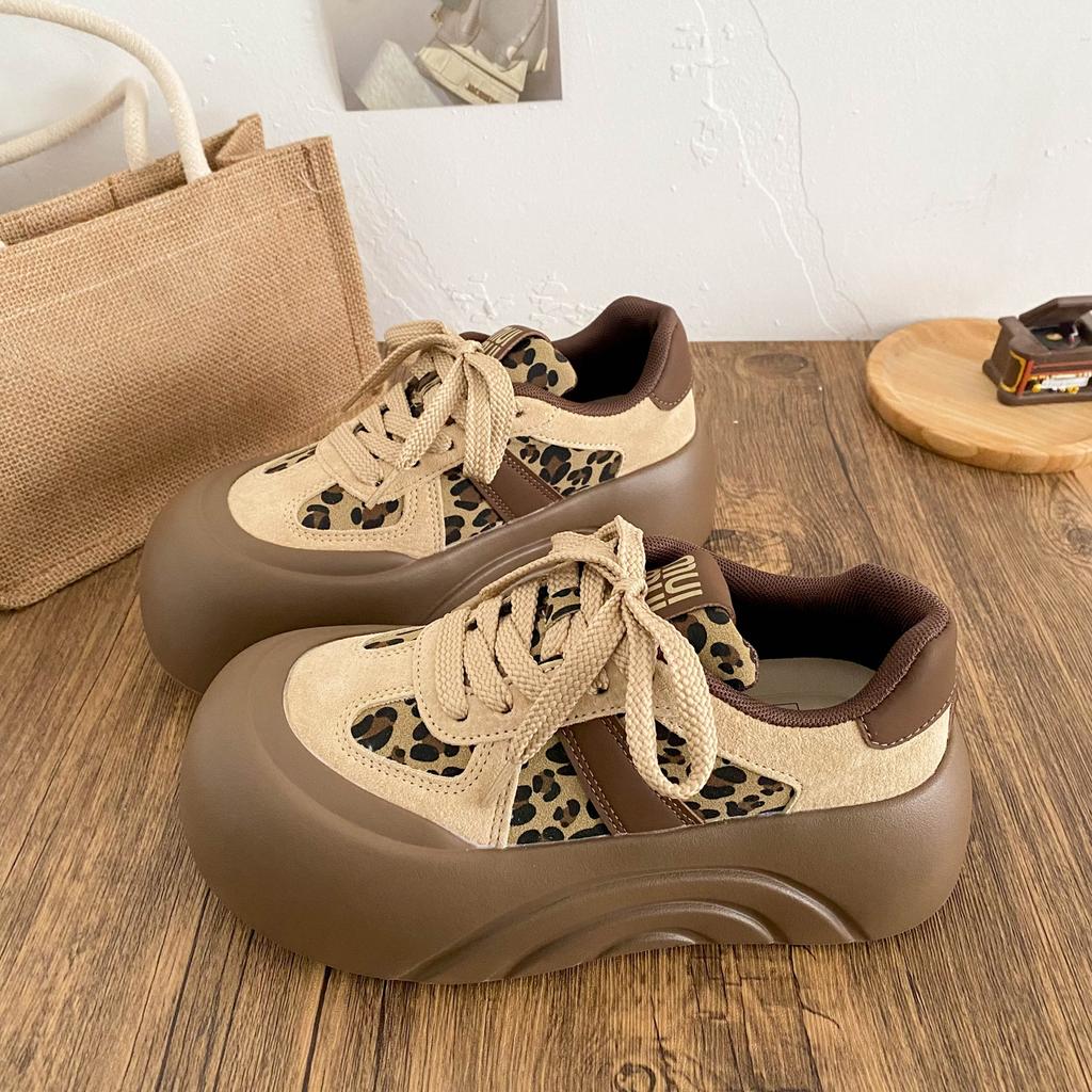 A350 latex insole/platform heightening board shoes women's shoes leopard print 2025 new round head chic Hong Kong style bread shoes