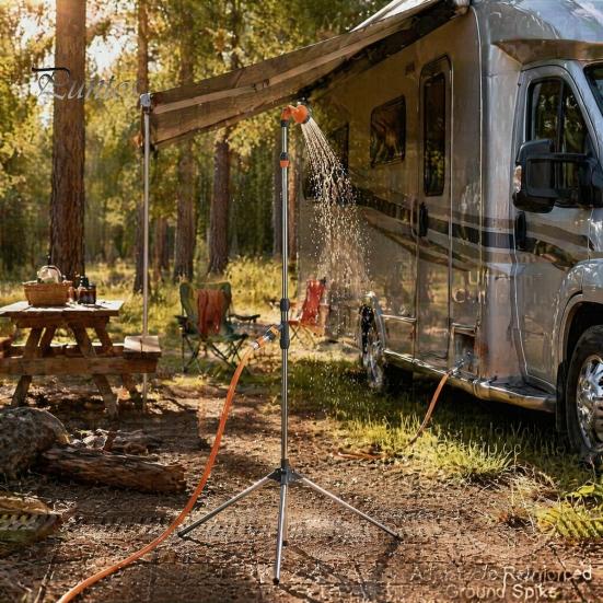 Rostbeständige Metall-Dusch-Teleskop-Gartendusche, Camping mit Stativfuß, 9-strahlig, Einfache Bedienung, Wasserventil-Einstellungen, Höhenverstellbar, Tragbar