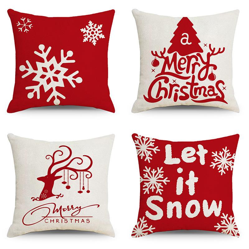 Set of 4 Trendy Christmas Pillow Covers 18x18 Red White Pillowcase Square Xmas Tree Snowflake Pattern Holiday Decor