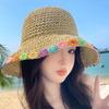 New Flowers Straw Hat Sun Protection Wide Brim Woven Hat Elegant Foldable Sunshade Hat Seaside