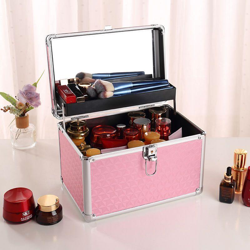 Cosmetic Case Handheld Portable Household Travel with Mirror Large Capacity Manicure Embroidery Makeup Cosmetic Case