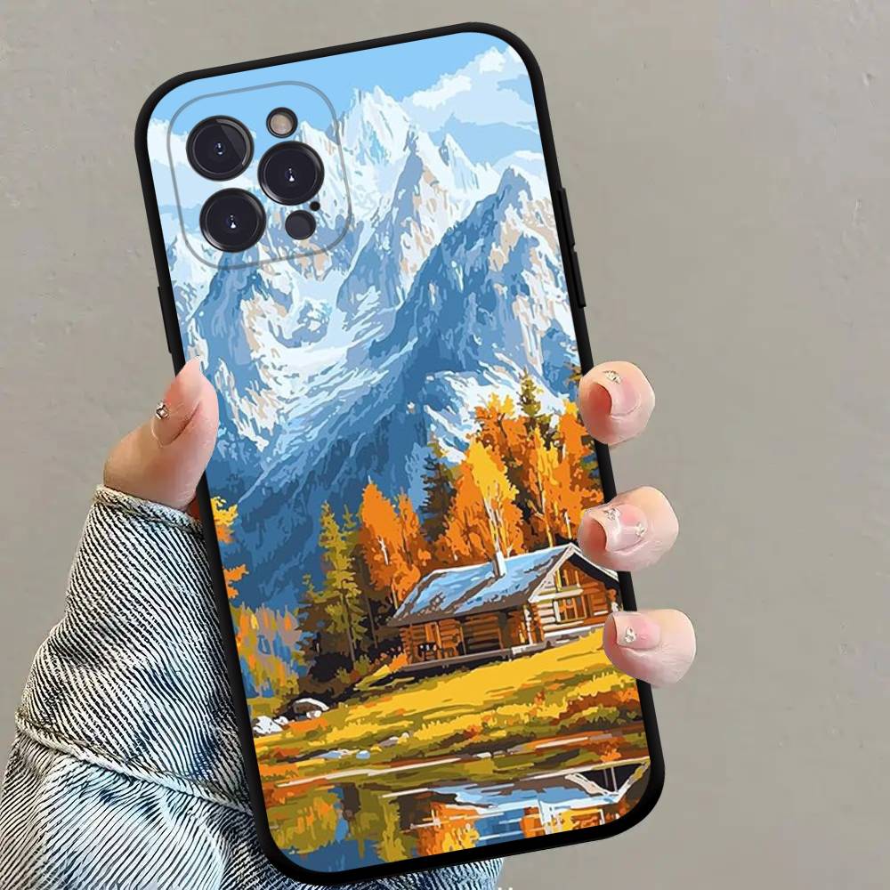 Landscape Painting Square Matte Silicone Case For Iphone17 Air 16 15 14 13 12 11 Pro Max Plus Matte Basic Cover Case