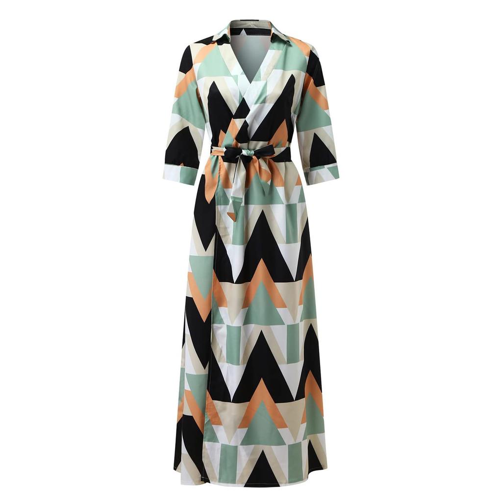 Damen Langarm Maxikleid V-Ausschnitt Knöchellang Langes Kleid Lässiges A-Linien-Kleid mit Gürtel