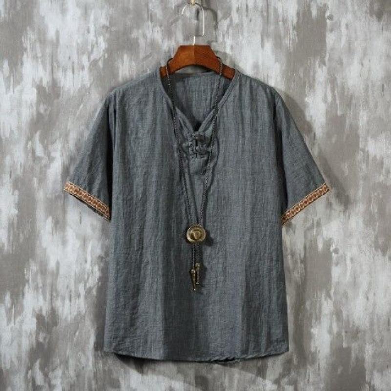 Linen T-shirt Men's Short-sleeved Loose  Chinese Style Men's Embroidered Thin Casual Disc Buckle Retro Cotton and Linen Top