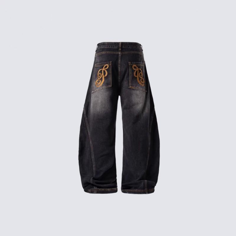 Retro Embroidered Curved Knife Denim Pants Water Washed Distressed Wide Leg Jeans Men Women