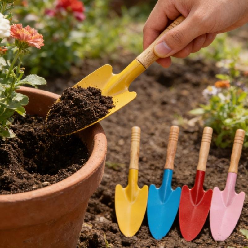 10 stuks Mini Tuinschep Kleurrijke Metalen Tuingereedschap met Houten Handvat Strand Schepje voor Planten Losmaken Graven
