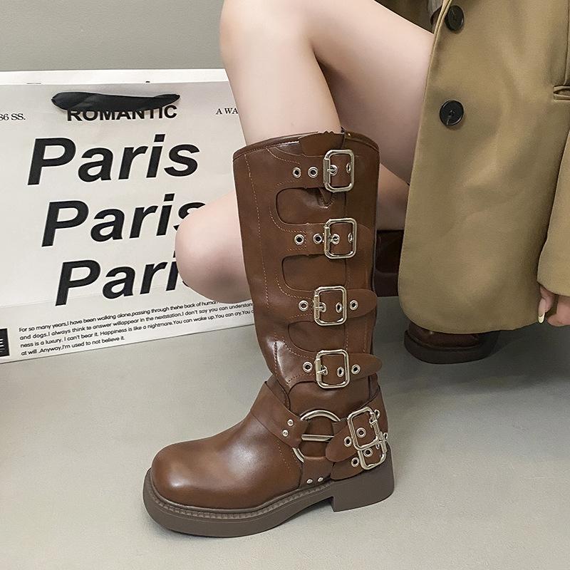 Brown Martin Boots Women's 2025 New Retro Small Boots Western Leather Shoes with Skirt Belt Buckle Knight Boots