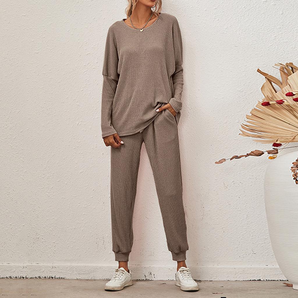 Women's 2 Piece Outfits Sets Ruched Long Sleeve Tops  Wide Leg Pants Tracksuit Sets