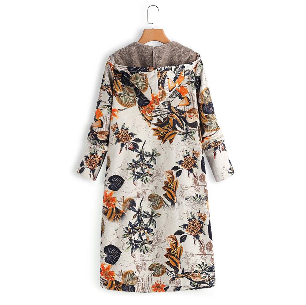  Womens Winter Warm Outwear Floral Print Hooded Pockets Vintage Oversize Coats