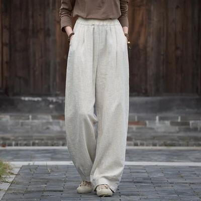 Women Vintage Straight Pants Elastic Waist Autumn Trouser Solid Color Loose Casual Women Long Pants