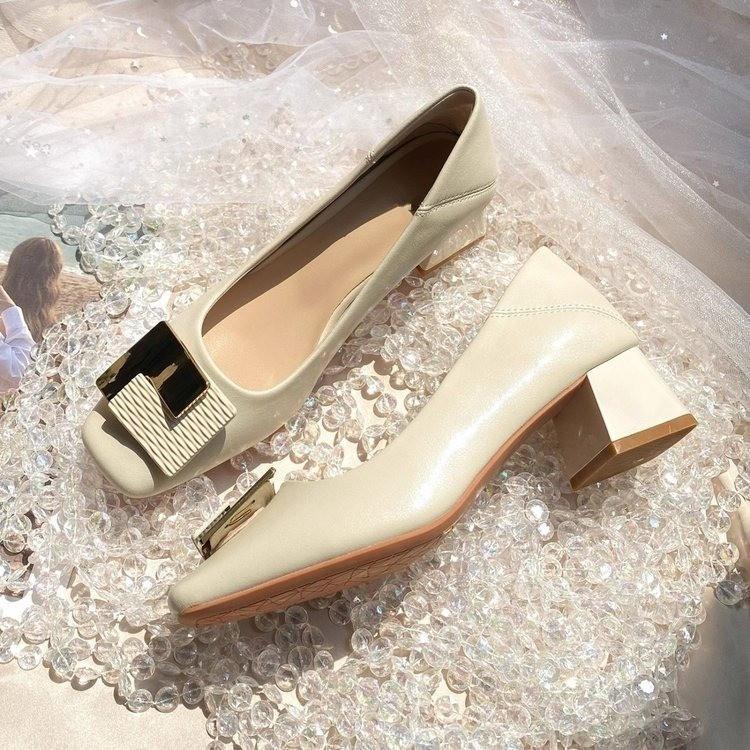 

2025 spring and autumn new French metal buckle square head high heels women s thick heel fashion small leather shoes versatile single shoes women 40