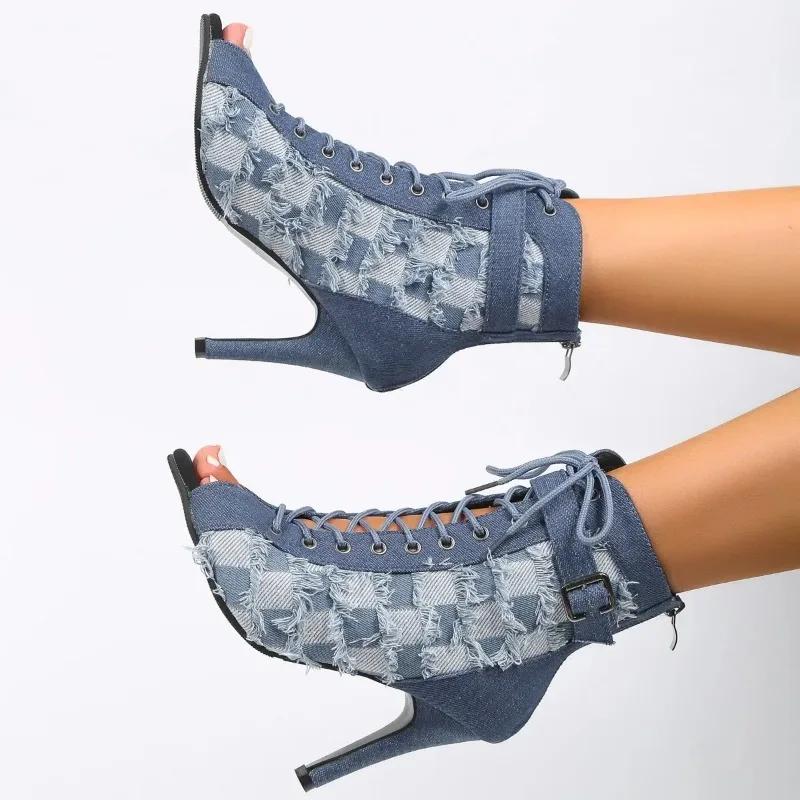 Fashion 2024Sexy Peep Toe Denim Ankle Boots Women Stiletto High Heels Gladiator Summer Booties Woman Zipper Cross-Tied Dress Shoes