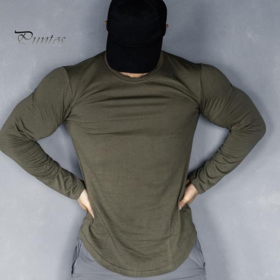 Pánský top na jaro podzim s kulatým výstřihem, slim fit, pružný, střední délky, s dlouhým rukávem, pulovrová mikina pro domov, sport, posilovnu, street wear