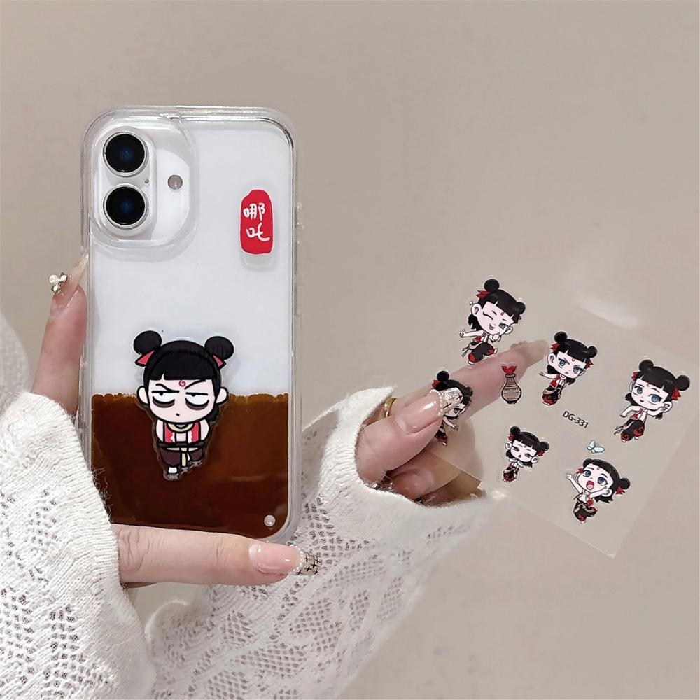 Cartoon simple application Apple 16 mobile phone case liquid crystal sticker Nezha Aobeng iphone15promax case