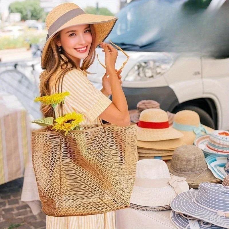 Damska torba plażowa o dużej pojemności - Trwała poliestrowa tkana torba na ramię z otwartą górą na podróże, zakupy