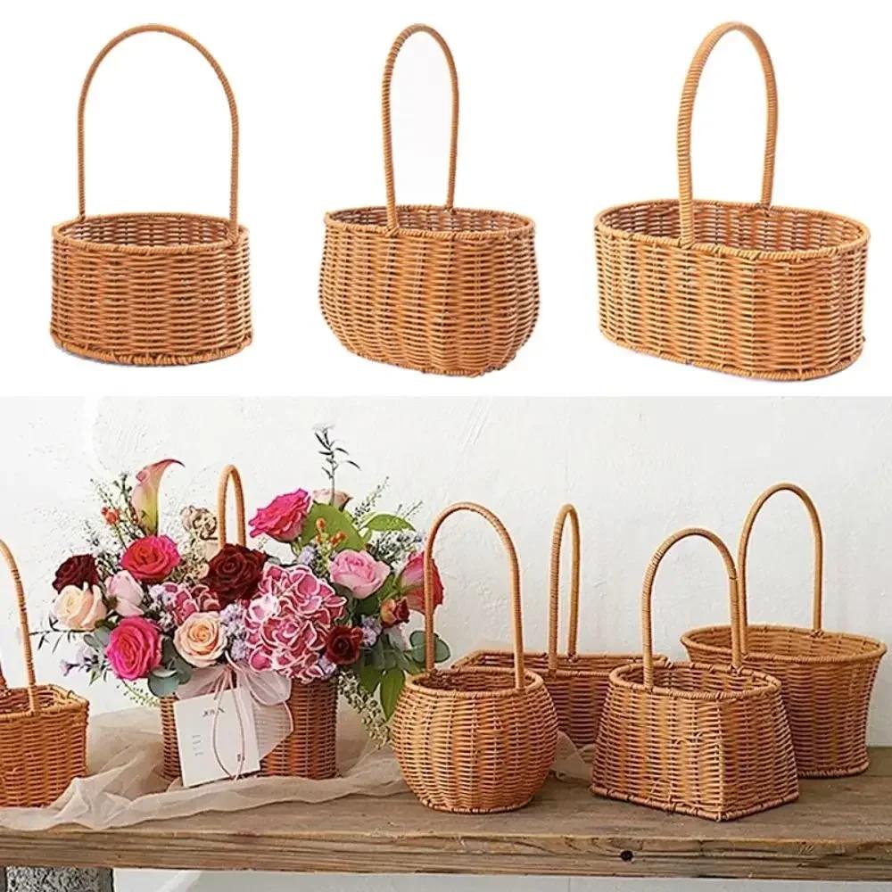 Willow Rattan Bride Flower Basket Picnic Container with Handle Picnic Weaving Basket Hand-Woven Flower Arrangement Basket