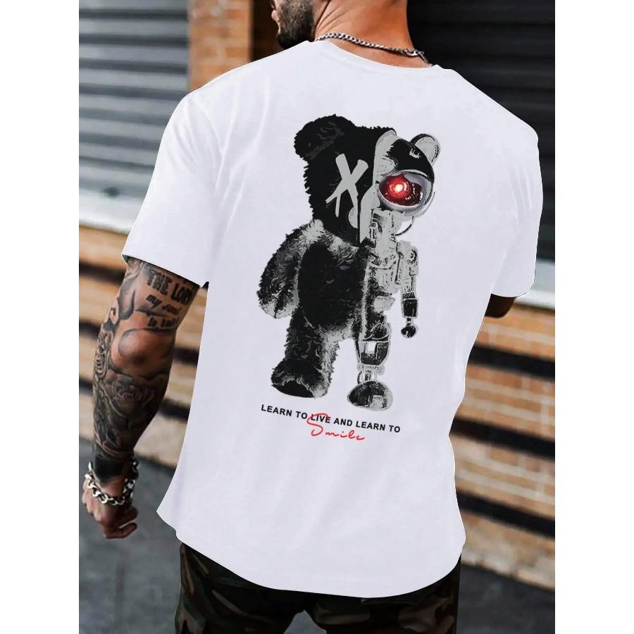 Bomull Halv en teddybjørn, halv en robotbjørn trykt herre-t-skjorte avslappet bomull sommerklær pustende topper løs mote t-skjorte