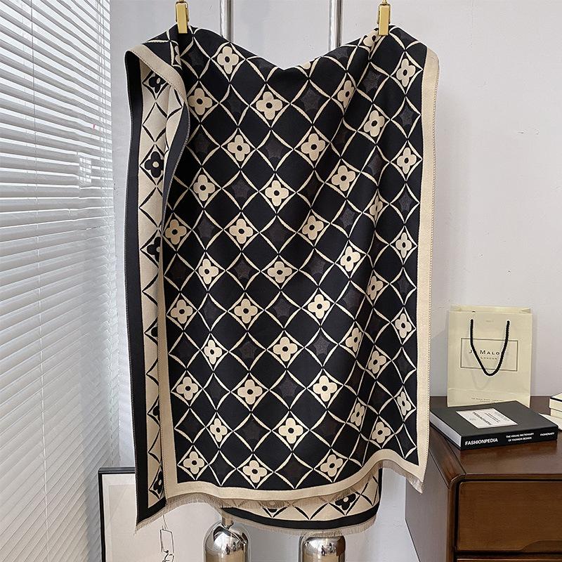 

Двусторонний имитация кашемира геометрический квадратный цветочный принт утолщенный теплый шарф шаль для помещения с кондиционером на улице 180*65 чёрный