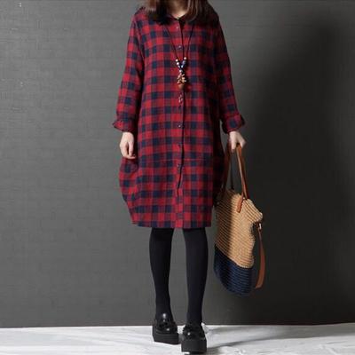 Herbstliches, lockeres Patchwork-Kleid mit kariertem Revers und langen Ärmeln für Frauen, mittellange bis lange Hemdkleider