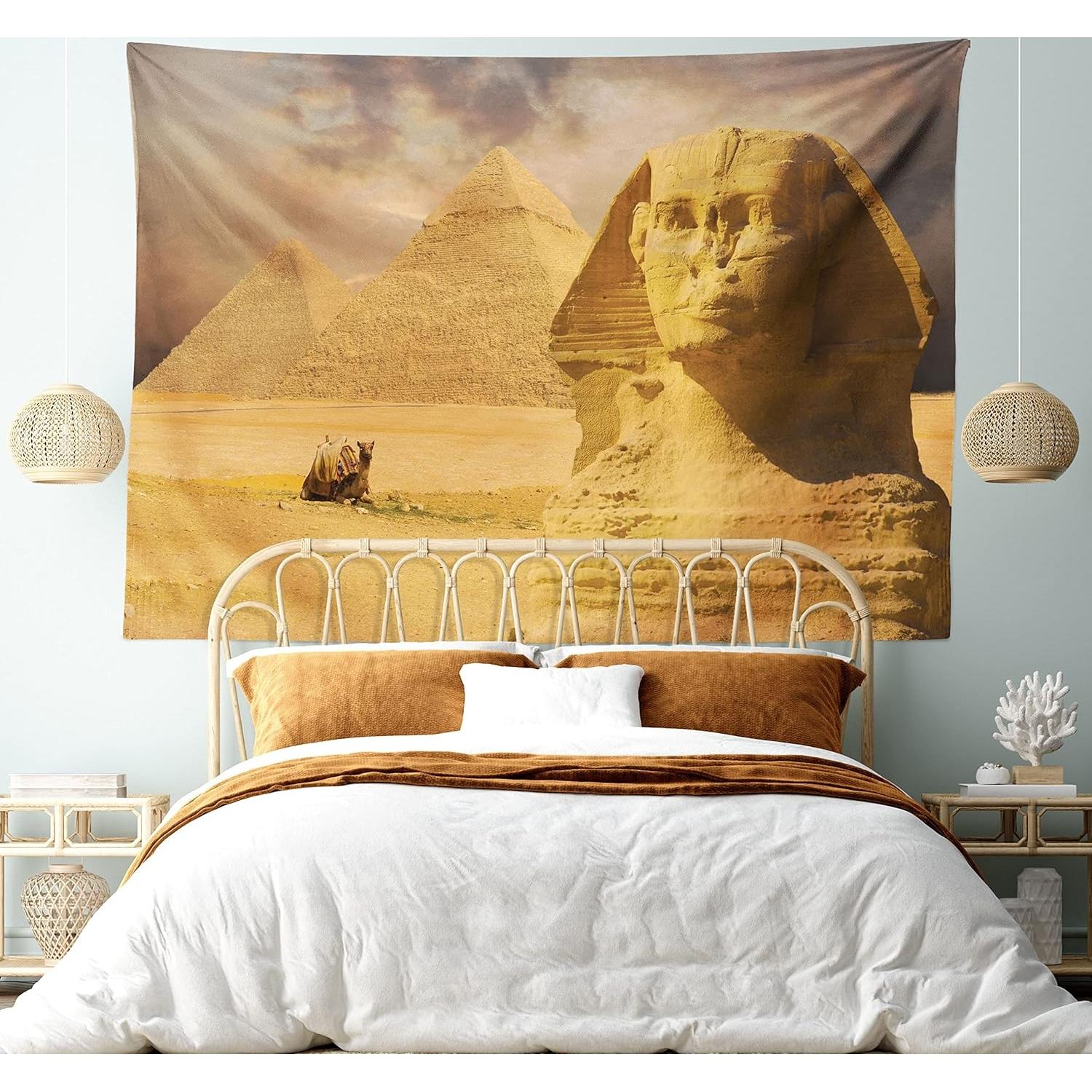 Ambesonne tapestry of the Egyptian Sphinx facing the other pyramids 75x100