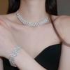 Korean Style Rhinestone Geometric Tassel Pearl Earring and Necklace Set with Luxury Clavicle Chain