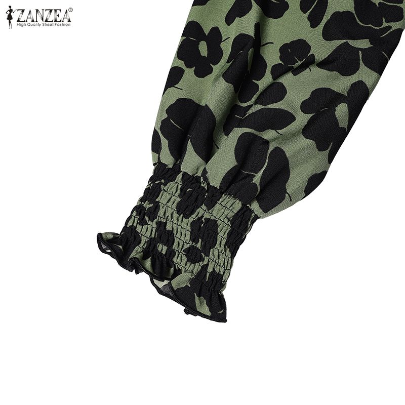 ZANZEA Damen Lässig Rundhals Locker Langarm Print Langes Kleid