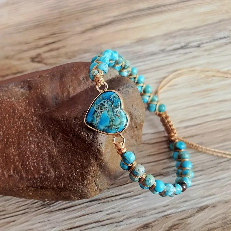Colored Gemstone Braided Bracelet, Bohemian Vacation Bracelet, Women's Adjustable Bracelet, Gift for Girls, Heart-shaped Gemstone Bracelet