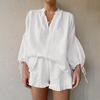 Women Cotton Linen Two Piece Set Lantern Sleeve Top And Shorts